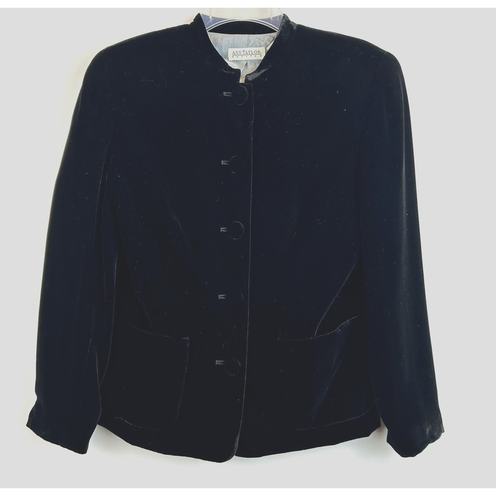 Vintage Ann Taylor Blazer Womens 8P Velvet Jacket Black Silk Blend Button 90s